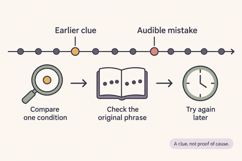 Timeline showing an earlier clue before an audible mistake, followed by a focused comparison and contextual and later checks.