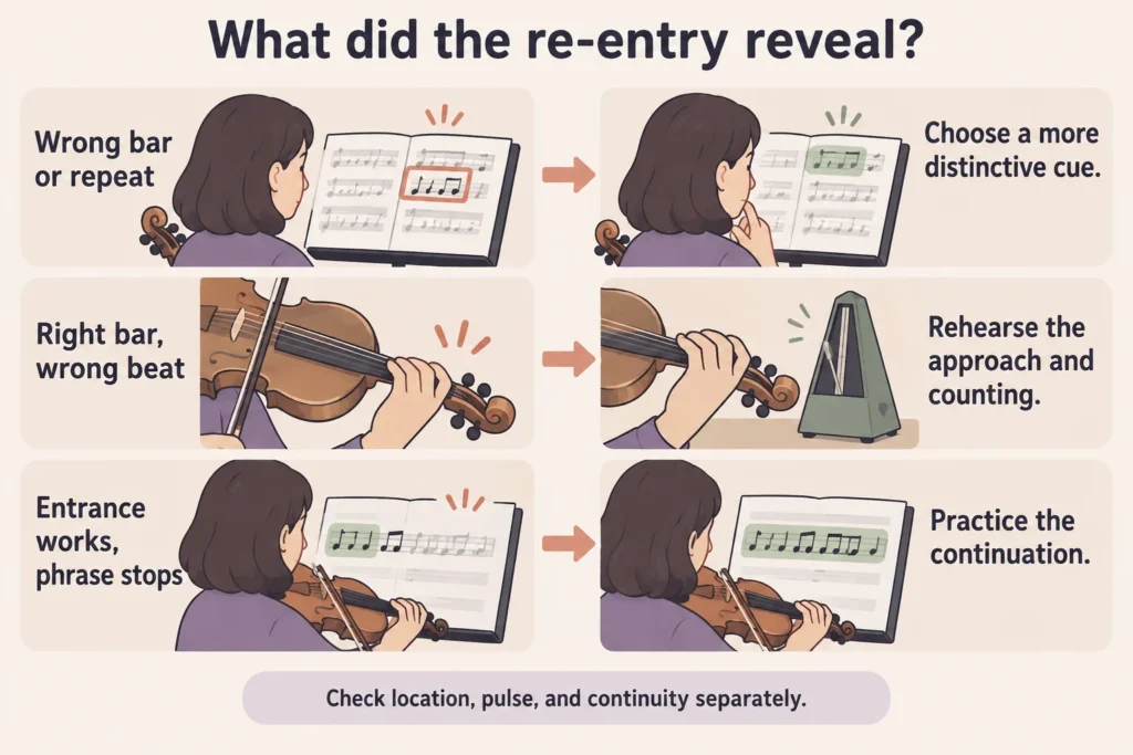 Three re-entry problems lead to different practice changes: improve the cue, rehearse entrance timing, or practice the following phrase.
