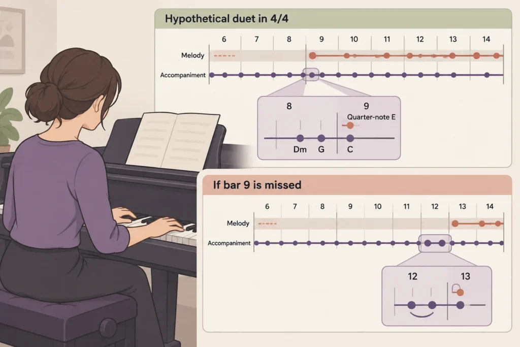 A duet timeline shows D minor and G major leading to a bar-nine entrance, with a unique bar-twelve fill signaling a later bar-thirteen fallback.