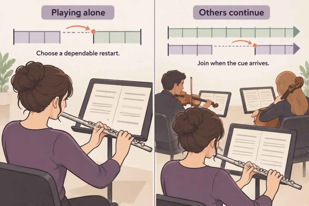 A solo timeline pauses before resuming, while an ensemble timeline continues and a silent player rejoins at an upcoming cue.