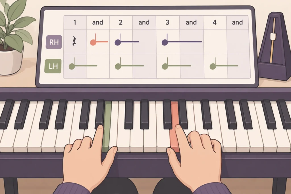 A rhythm grid places right-hand C5 between left-hand attacks, then aligns both hands on beats 2 and 3 while E5 holds through beat 4.