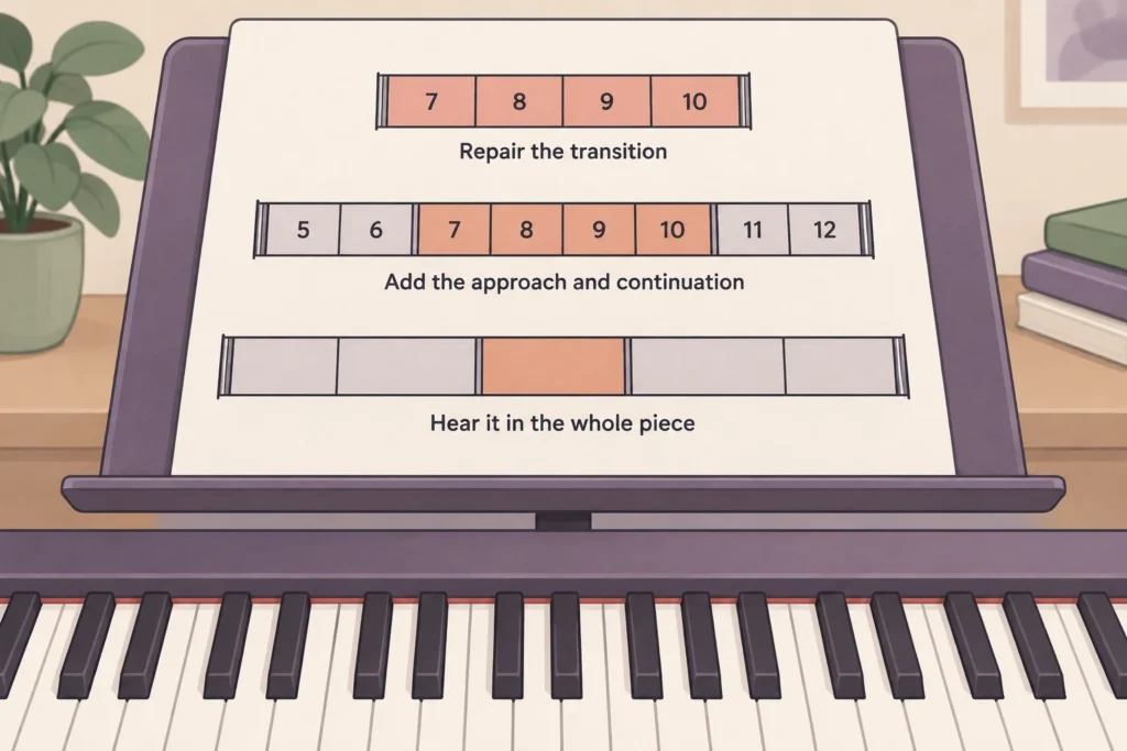 A four-bar transition shown alone, within surrounding phrases, and within a complete piece.