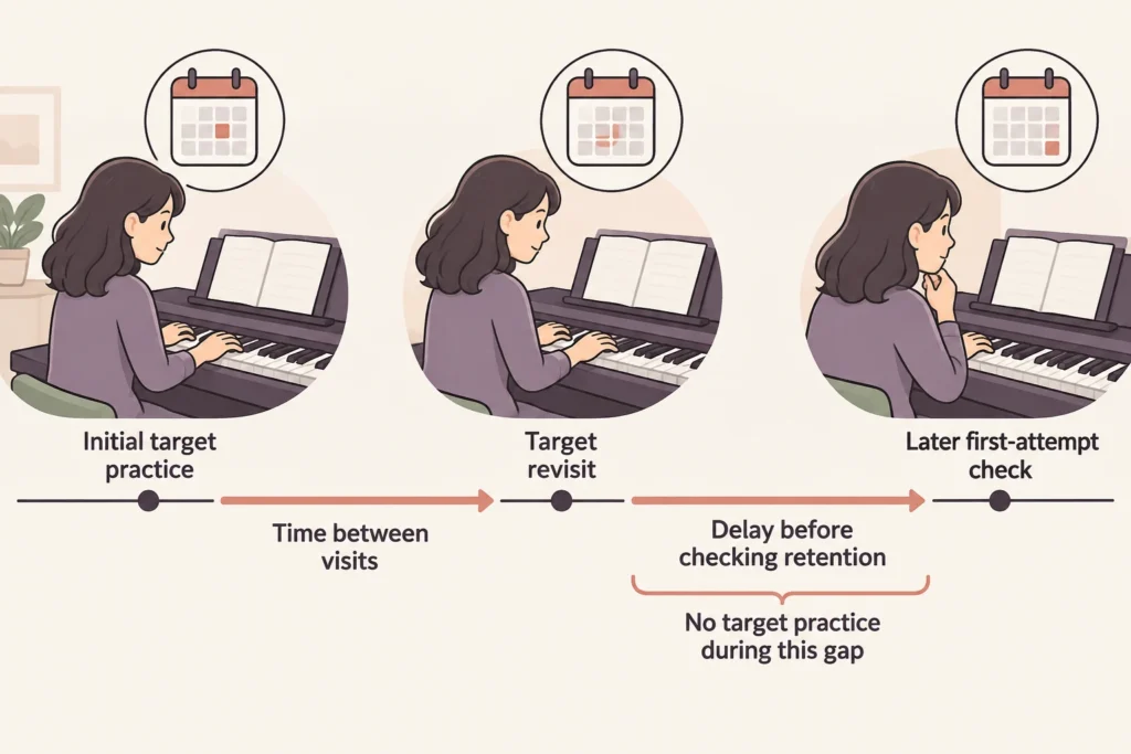 Timeline distinguishing the gap between target practice visits from the delay before a later retention check.