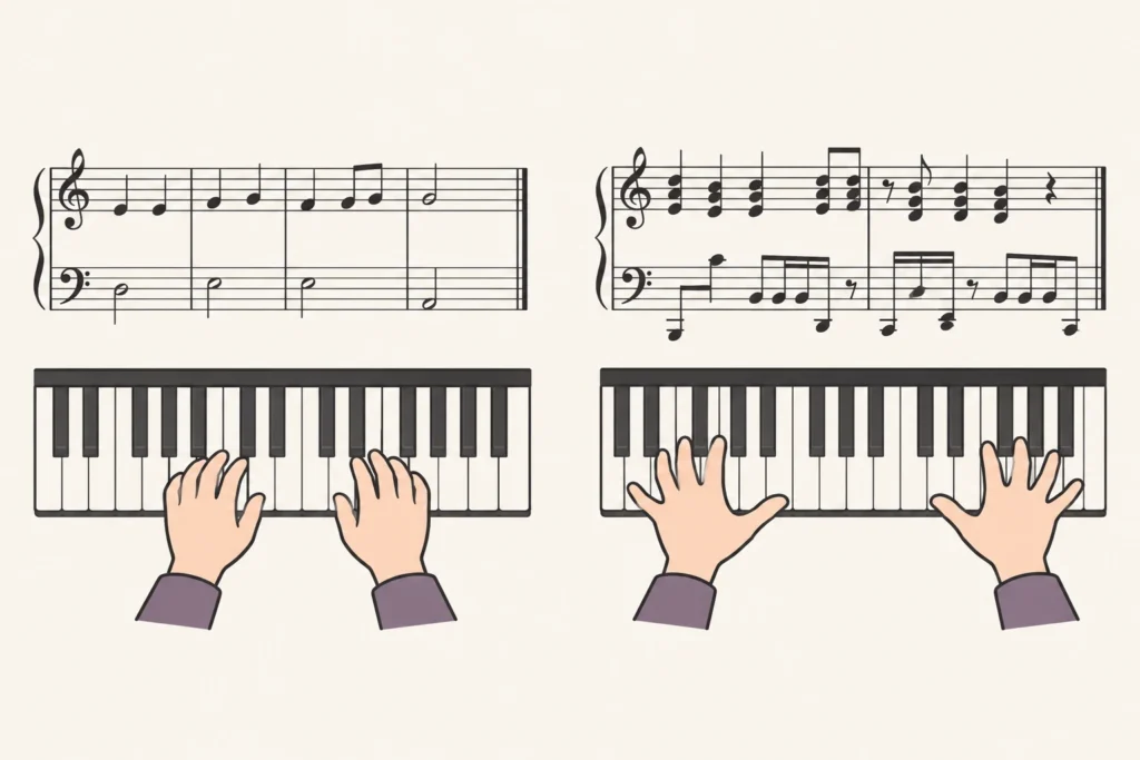 Two piano excerpts in C major contrast a five-finger range and simple support with octave leaps, dense chords, and contrasting hand rhythms.