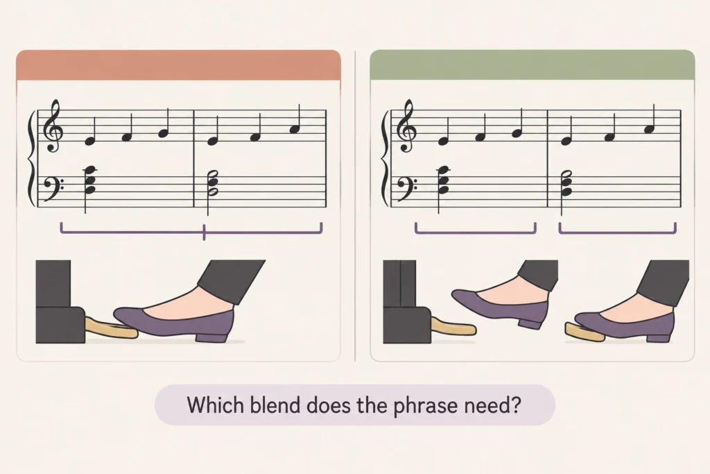 Identical piano phrases with different pedal releases at a harmony change.