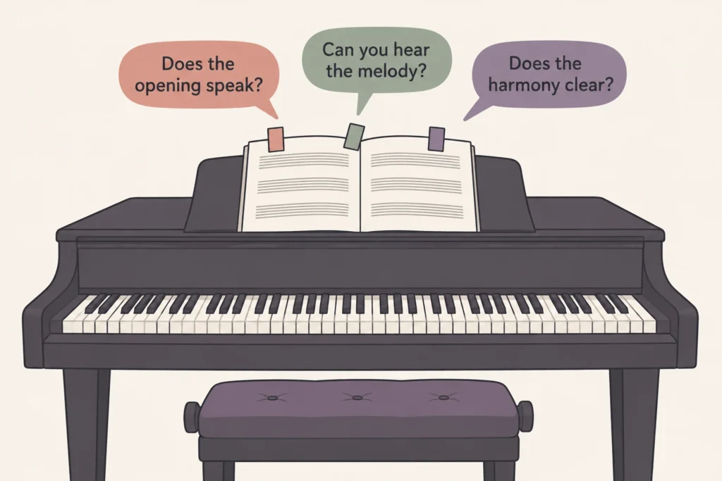 Piano and marked score with listening questions for a brief instrument trial.