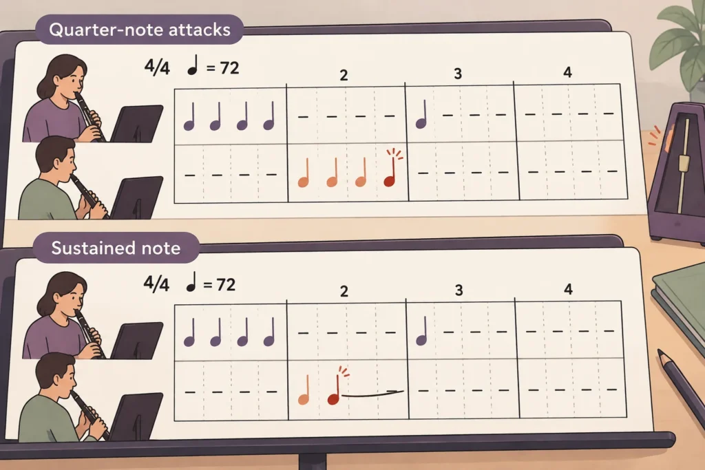 The learner’s return stays on measure 3 beat 1 whether the partner plays four attacks or sustains a note through the last two beats of measure 2.