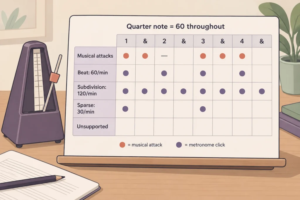 Attacks on 1, and, 3, and, and 4 aligned with four click settings at an unchanged quarter-note tempo of 60.