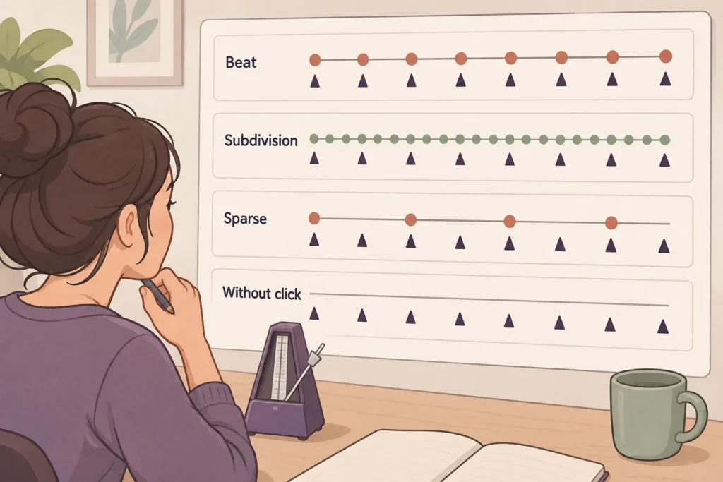 One musical pattern shown with beat, subdivision, sparse, and no ongoing click references.