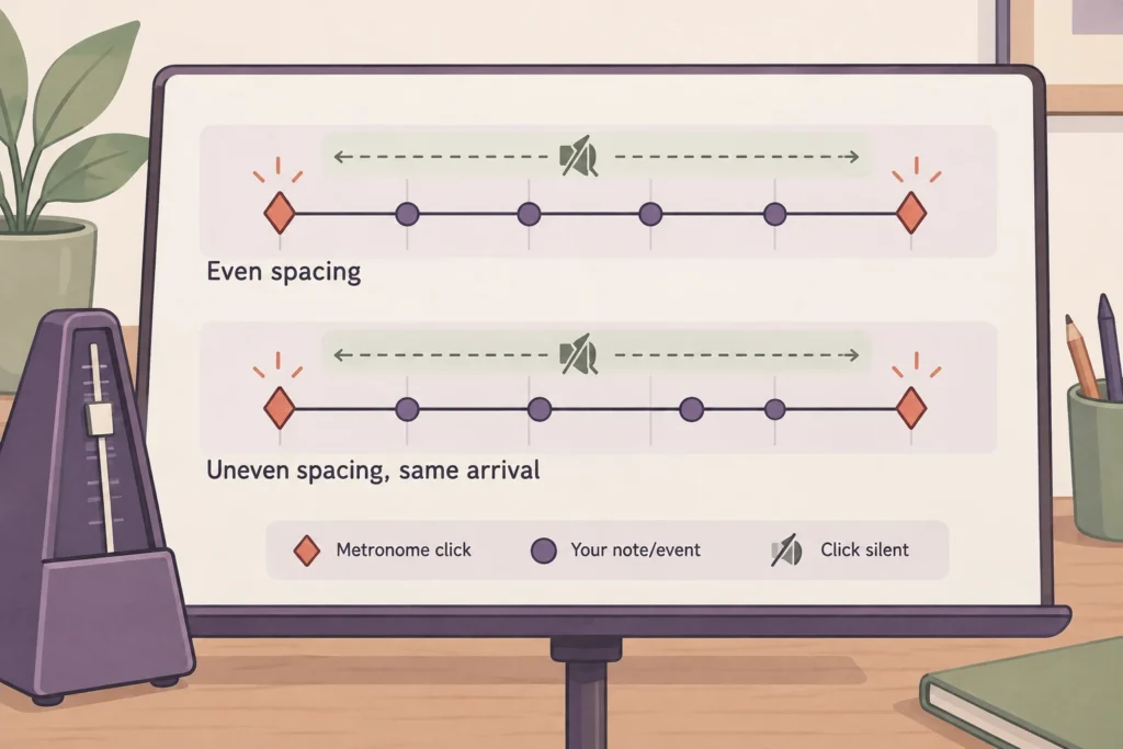 Even and uneven event spacing inside a silent interval both reach the same returning click.